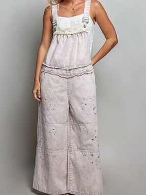 POL Pink Marble Mineral Washed Eyelet Wide-Leg Overalls Jumpsuit